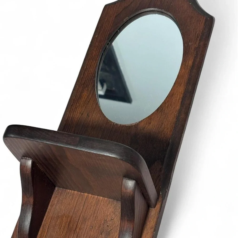 Vintage Solid Oak Wall Shaving Mirror Shelf Soap Mug Holder Farmhouse Rustic